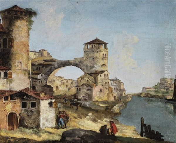 An Architectural Capriccio With Figures Before A River Oil Painting by Michele Marieschi