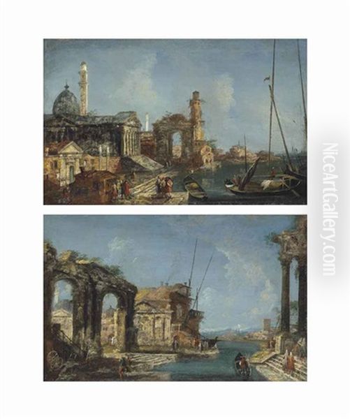 A Capriccio With A Palladian Church, A Roman Thriumphal Arch And Figures Conversing By A Canal; A Capriccio Of Roman Ruins, With Figures...(pair) Oil Painting by Michele Marieschi