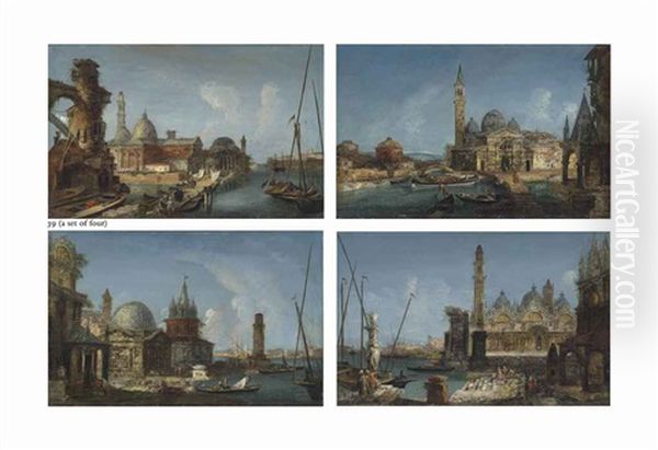 A Capriccio Of The Church Of San Pietro In Castello With A Temple And Elegant Figures Conversing By A Bridge, Others On Boats...(set Of 4 Works) Oil Painting by Michele Marieschi