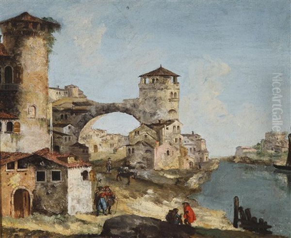 Capriccio Mit Einem Dorf Am Ufer Eines Flusses Oil Painting by Michele Marieschi