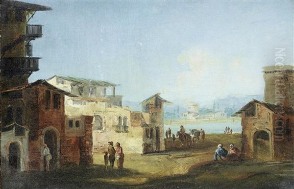 A Capriccio With Peasants Resting Before Buildings, The Venetian Lagoon Beyond (+ A Capriccio Of The Venetian Lagoon With Peasants Conversing And Resting On A Shore; Pair) Oil Painting by Michele Marieschi