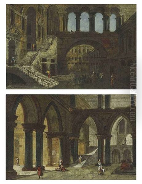 Architectural Fantasy With A Staircase In An Open Courtyard(+ Architectural Fantasy With Gothic Arches, 2 Works) Oil Painting by Michele Marieschi