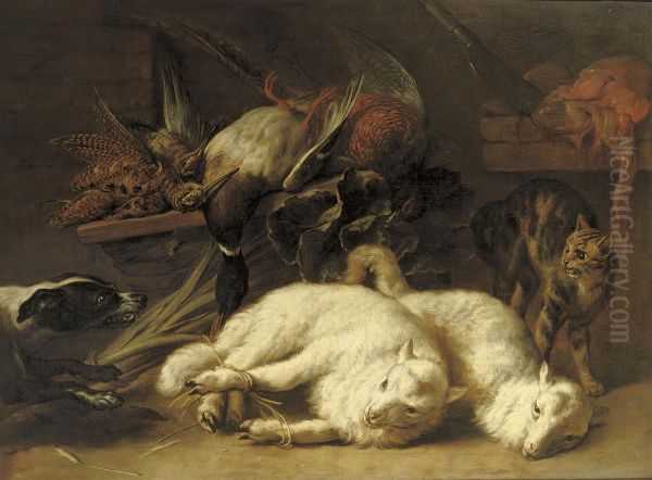 Game Including A Duck And A Grouse On A Wooden Ledge With Two Tied Up Lambs, A Hound And A Cat Nearby Oil Painting by Nicasius Bernaerts