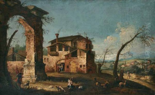 Capriccio Con Arco Classico In Rovina E Case Rustiche (capriccio Con Arco Trionfale Classico, Case Rustiche E Fontana; 2 Works) Oil Painting by Michele Marieschi