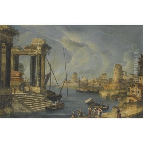 An Architectural Capriccio Of The Venetian Lagoon With Washerwomen In The Foreground Oil Painting by Michele Marieschi