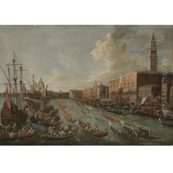 The Ducal Palace Seen From The Bacino, Venice With A Procession Of Gondolas Oil Painting by Michele Marieschi