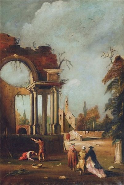 Landscape With Temple, Church And Figures Oil Painting by Michele Marieschi