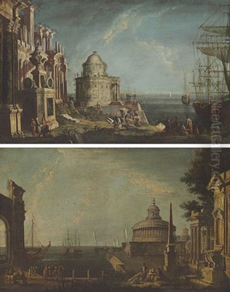 A Capriccio With A Temple And Elegant Figures By A Harbor (+ A Capriccio With The Mausoleum Of Hadrian And An Obelisk With Figures On A Quay; Pair) Oil Painting by Michele Marieschi