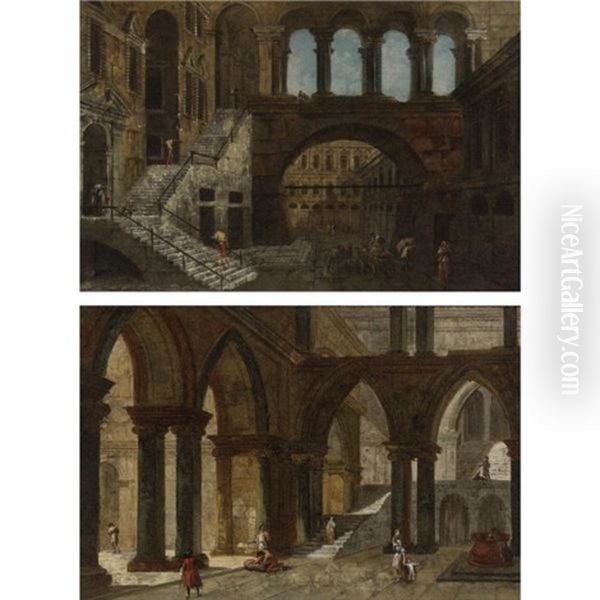 Architectural Fantasy With Gothic Arches (+ Architectural Fantasy With A Staircase In An Open Courtyard; Pair) Oil Painting by Michele Marieschi