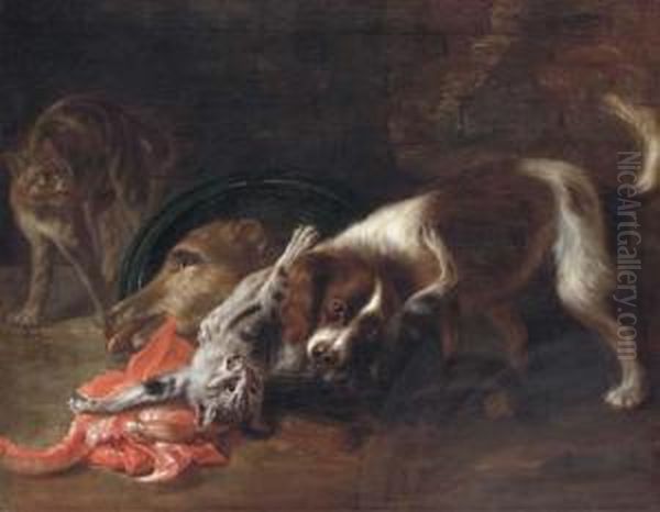 A Spaniel And A Cat Fighting Oil Painting by Nicasius Bernaerts