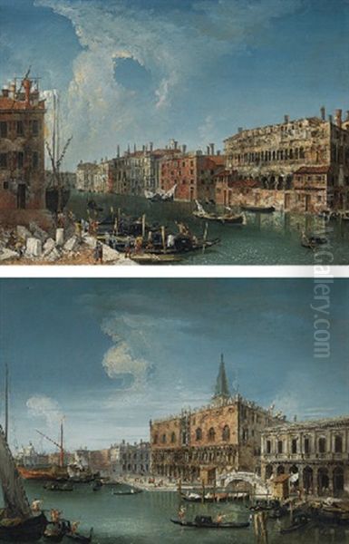 A Stonemason's Yard On The Grand Canal, Venice, With A View Of Palazzi (+ Ducal Palace With The Campanile; Pair) Oil Painting by Michele Marieschi