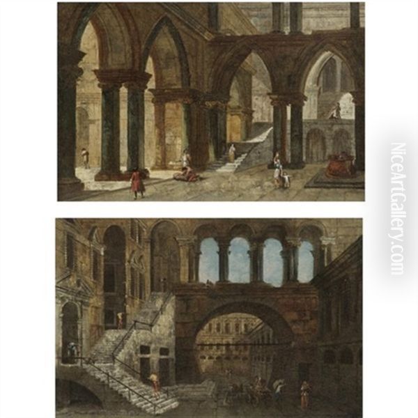 Architectural Fantasy With Gothic Arches (+ Architectural Fantasy With A Staircase In An Open Courtyard; Pair) Oil Painting by Michele Marieschi