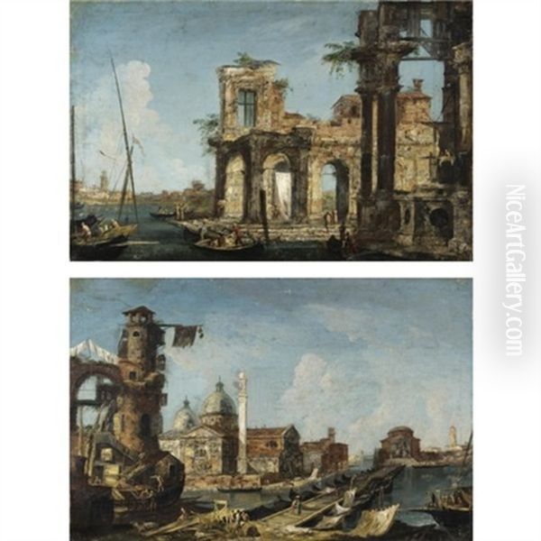 Capriccio Architettonico Con Porticato E Figure Su Imbarcazioni (+ Capriccio Architettonico Con Chiesa Palladiana Con Cupole E Torre; Pair) Oil Painting by Michele Marieschi