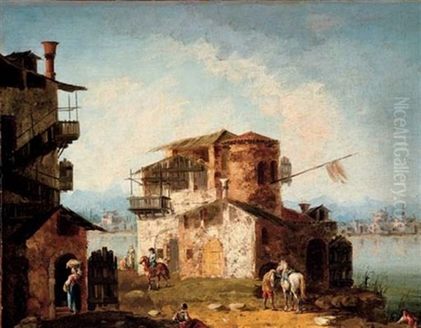 A Capriccio With Rustic Houses And Figures On Horseback (collab. W/francesco Simonini Parma) Oil Painting by Michele Marieschi