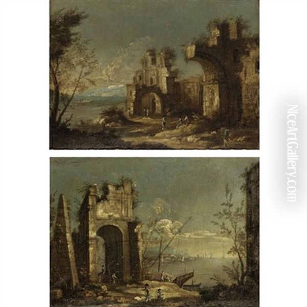 Capriccio Scenes Of The Venetian Laguna With Figures Before Classical Ruins (pair) Oil Painting by Michele Marieschi