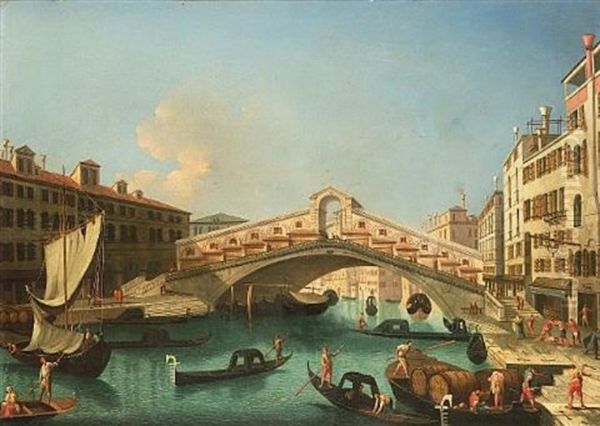 The Grand Canal At The Entrance To The Canareggio, With San Geremia, Venice (+ The Rialto Bridge, Venice, From The South; Pair) Oil Painting by Michele Marieschi