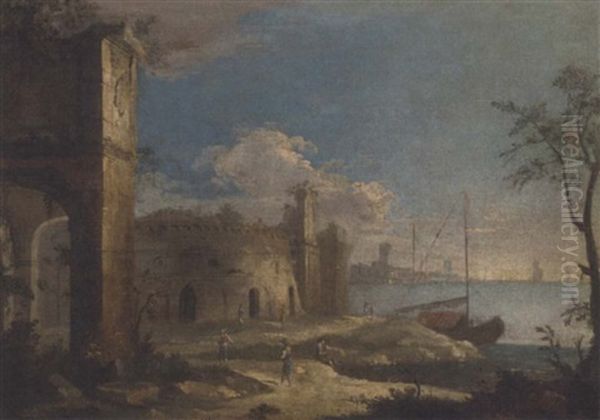 A Capriccio Of A Coastal Landscape With Ruins And Figures Oil Painting by Michele Marieschi