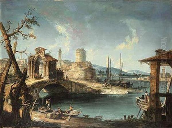 A Capriccio Of A Mediterranean Coastal Town With Fishermen By A Bridge Oil Painting by Michele Marieschi