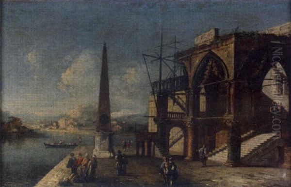 An Architectural Capriccio With A Gothic Portico And An Obelisk Oil Painting by Michele Marieschi