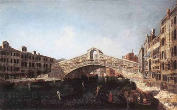 The Rialto Bridge, Venice, From The South, With The Fondamenta Del Vin And The Fondamento Del Ferro And Gondolas And Barges On The Grand Canal Oil Painting by Michele Marieschi