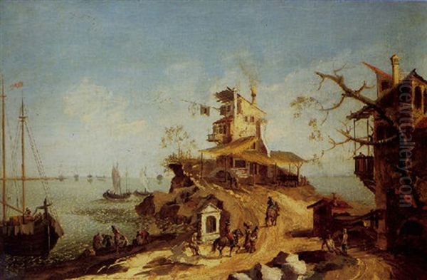 A Capriccio Of The Venetian Lagoon With Travellers Making Their Way To An Inn, Sailing Ships Beyond Oil Painting by Michele Marieschi