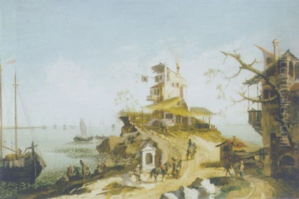 A Capriccio Of The Venetian Lagoon, With Sailors Unloading Goods And Travellers On A Path Oil Painting by Michele Marieschi