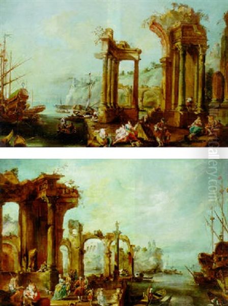 Mediterranean Port Scene With Architectural Capricci Oil Painting by Michele Marieschi