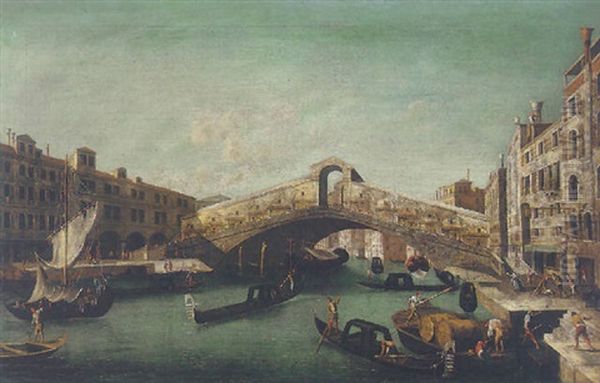 Venice, A View Of The Ponte Di Rialto From The South, With The Fondamenta Del Vin And Fondamenta Del Ferro, And Figures Fighting On The Right Oil Painting by Michele Marieschi