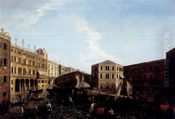 Venice, A View Of The Grand Canal At The Rialto Bridge, From The North, With The Palazzo Del Camerlenghi And The Fabbriche Vecchie Di Rialto Oil Painting by Michele Marieschi