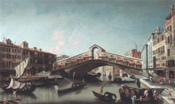 Venice, A View Of The Grand Canal Looking Towards The Rialto Bridge Oil Painting by Michele Marieschi