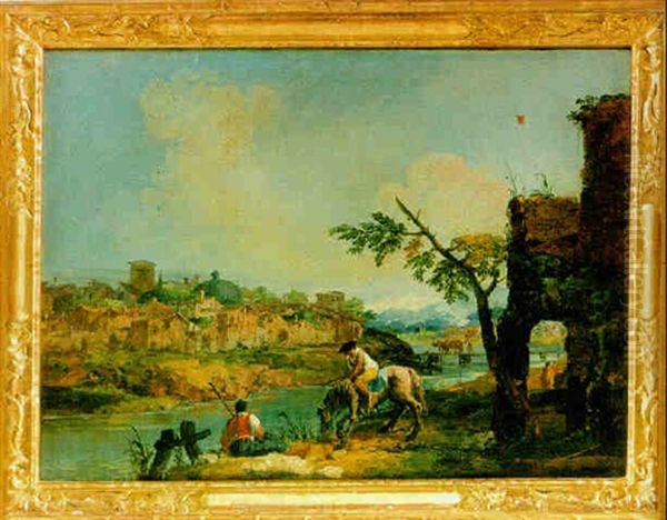 Capriccio Con Case Rustiche E Figure Oil Painting by Michele Marieschi