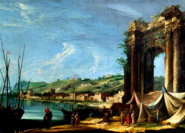 A Mediterranean Harbour With Sailors And Merchants On A Quay By A Classic Ruin by Michele Marieschi