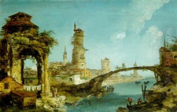 A Capriccio Of A Town With Medieval Round Towers On A River Oil Painting by Michele Marieschi