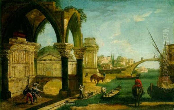 A Cappricio Of A Ruined Gothic Portico And A Horseman By A Canal Oil Painting by Michele Marieschi