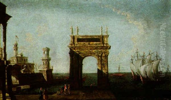 Architectural Capriccio With Figures Standing Beside A Triumphal Arch On A Quay Oil Painting by Michele Marieschi