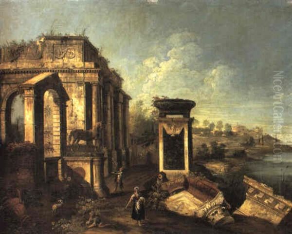 Capriccio Of A Ruined Clasical Portico.... Oil Painting by Michele Marieschi