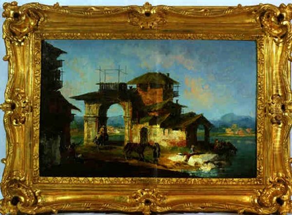 Capriccio Con Case Rustiche, Flusslandschaft Mit Reitern Voreinem Haus Mit Antikem Torbogen Oil Painting by Michele Marieschi