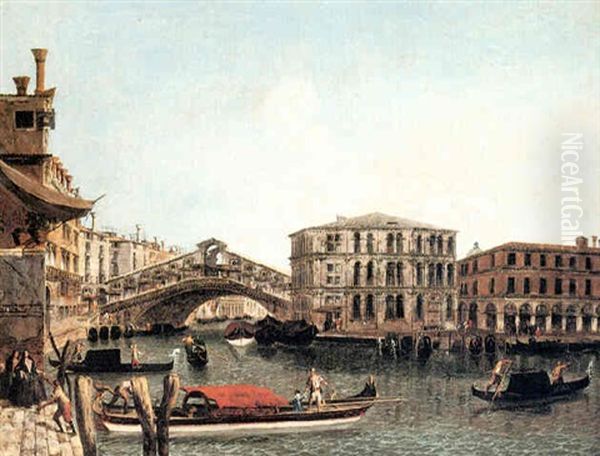 A View Of The Rialto Bridge, Venice, With The Palazzo Dei   Camerlenghi Oil Painting by Michele Marieschi