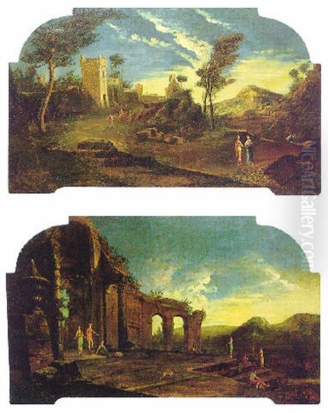 Figures On A Path By A City Wall, In A Landscape   & Figures On A Ruined Terrace By A Lake Oil Painting by Michele Marieschi