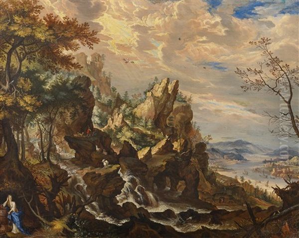 Felslandschaft Mit Figurenstaffage Und Ausblick Auf Ein Flusstal Oil Painting by Pierre-Jean Mariette