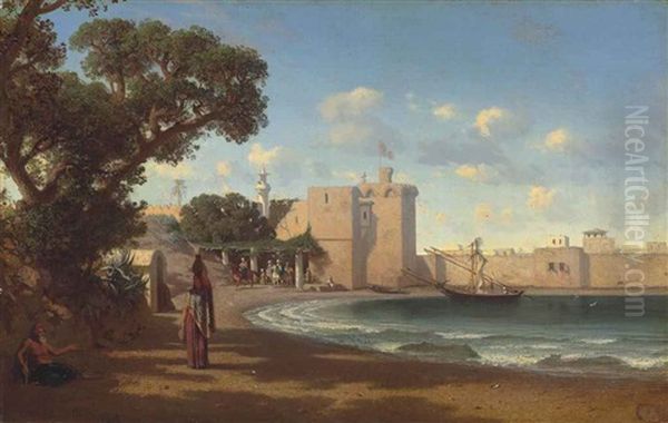 A Fortified Village Oil Painting by Prosper Georges Antoine Marilhat