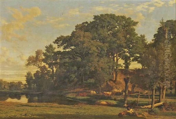 A Drover And Cattle In A River Landscape, A Man And His Dog Oil Painting by Prosper Georges Antoine Marilhat