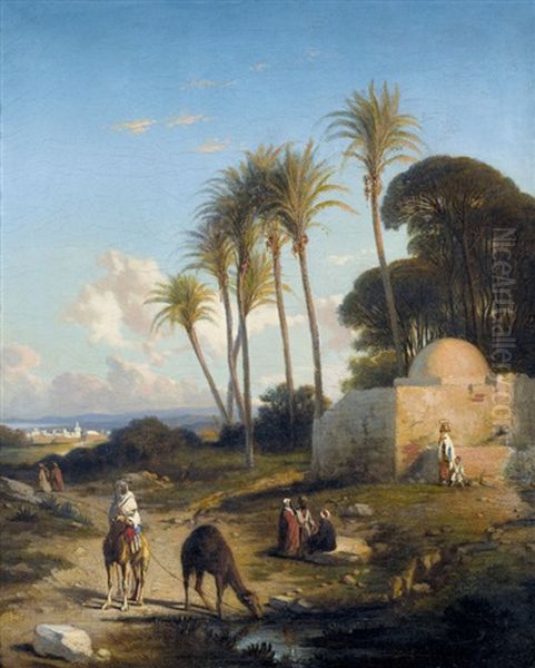 Orientalische Landschaft Mit Kamelreiter Oil Painting by Prosper Georges Antoine Marilhat