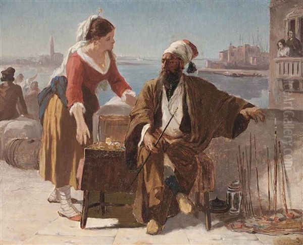 A Turkish Pipe Seller On A Venetian Quayside Oil Painting by Prosper Georges Antoine Marilhat