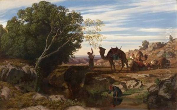 La Halte De La Caravane Dans L'oasis Oil Painting by Prosper Georges Antoine Marilhat