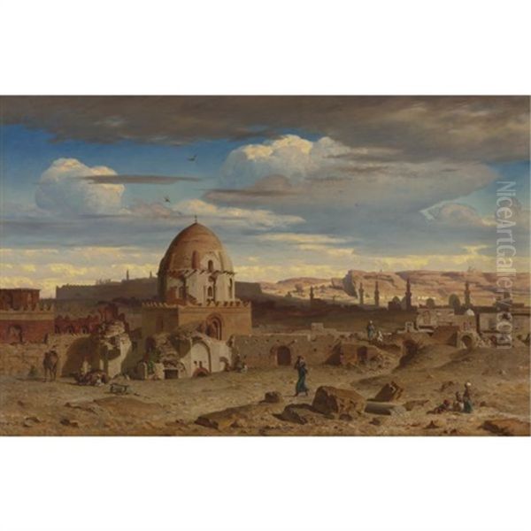 View Of The South Of The Necropolis In Cairo With The Citadel In The Background Oil Painting by Prosper Georges Antoine Marilhat