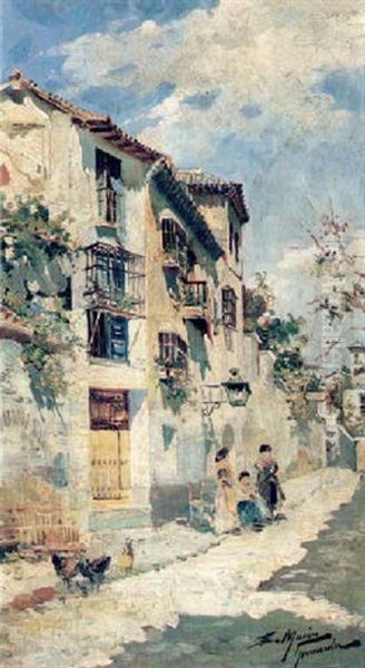 A Sunlit Street Scene With Figures Oil Painting by Enrique Marin Higuero