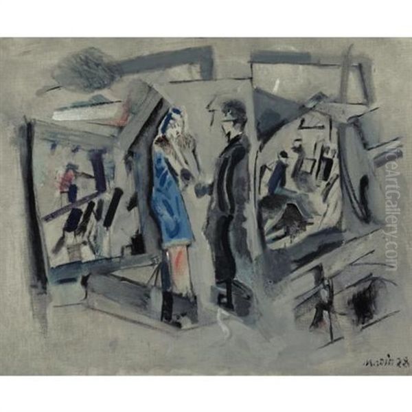 Two Standing Figures: Woman In Blue, Man In Grey Oil Painting by John Marin