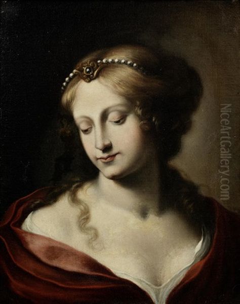 Portrait Of A Lady, Bust-length, In A Red Cloak, Within A Painted Oval Oil Painting by Onorio Marinari