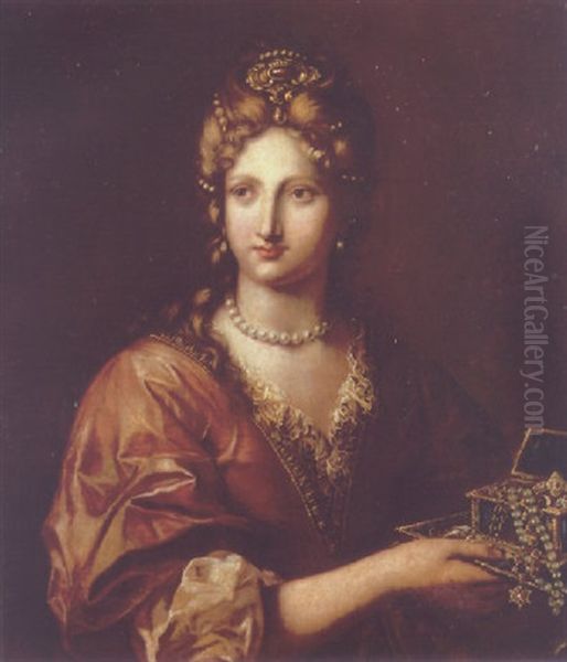 Portrait Of A Lady Wearing A Red Dress With A Pearl Necklace And Pearl Garland In Her Hair Oil Painting by Onorio Marinari